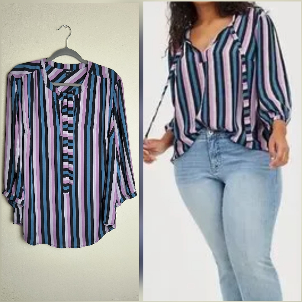 Torrid Striped V-Neck Blouse - Pink, Blue, Black